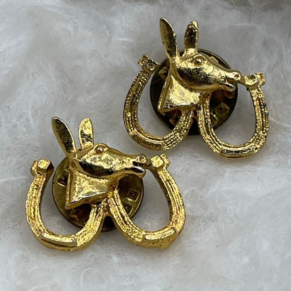 Set of 2 Donkey head lucky horseshoe lapel pins.